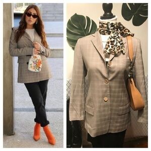 Vintage Falonnable wool tan/ blue plaid blazer